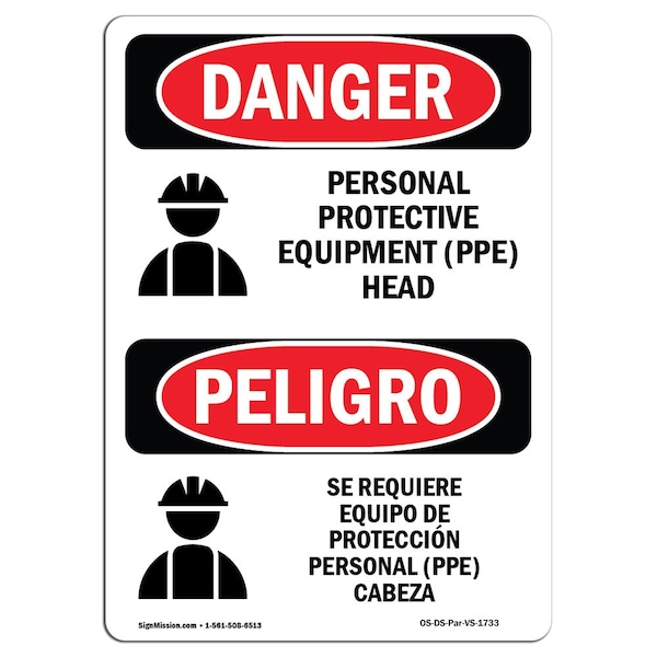 OSHA, Personal Protective Equipment Head Bilingual, 24in X 18in Rigid Plastic, 18" W, 24" H, Spanish